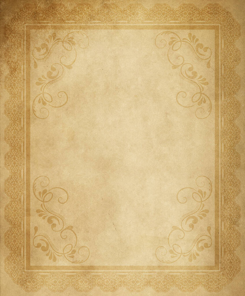 Old dirty paper background with decorative patterns and ornamental border. - Photo, image