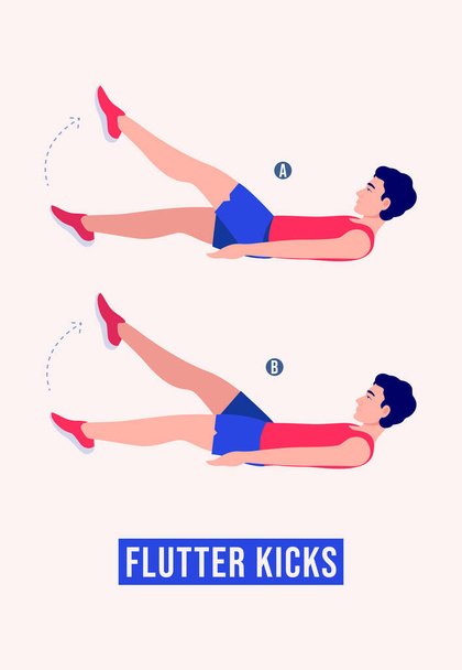 Чоловіки роблять вправи Flutter Kicks, чоловіки тренують фітнес, аеробіку та вправи. Векторна ілюстрація
 - Вектор, зображення