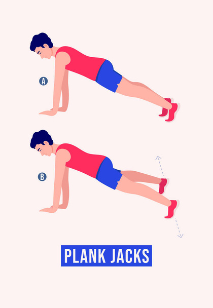 Los hombres que hacen ejercicio Plank Jacks, los hombres entrenan fitness, aeróbicos y ejercicios. Ilustración vectorial - Vector, Imagen