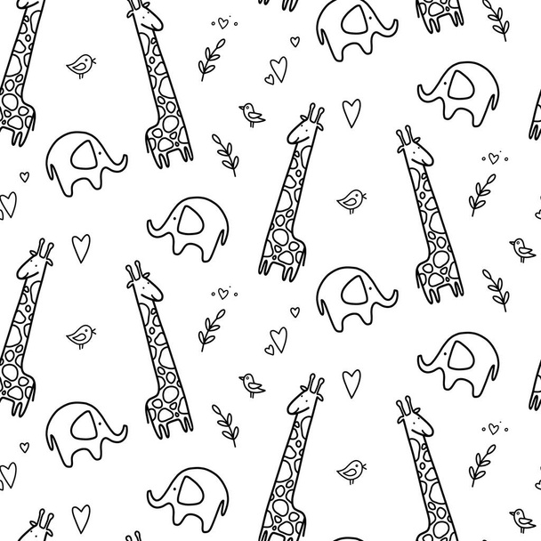 hand drawn baby seamless pattern with giraffe, elephant. Vector illustration. doodle kid pattern isolated. Kid birthday line pattern. - Vector, afbeelding