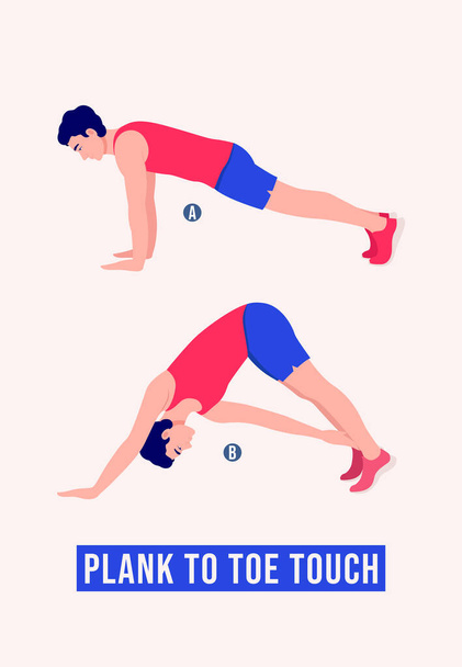 Männer bei Plank To Toe Touch-Übungen, Männer bei Fitness, Aerobic und Übungen. Vektorillustration. - Vektor, Bild
