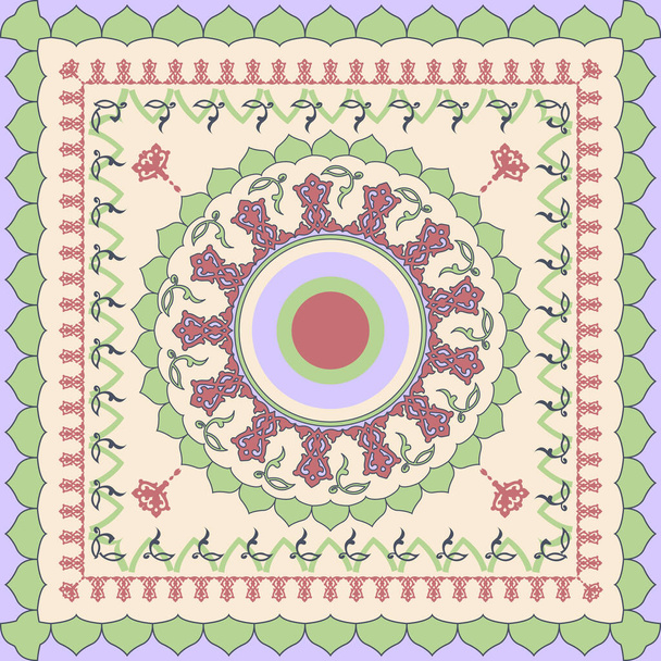Decoratieve kleurrijke ornament achtergrond, Tribal etnische mandala decor. Bandana sjaal, tafelkleed stof print, zijden hals sjaal, kerchief design - Vector, afbeelding