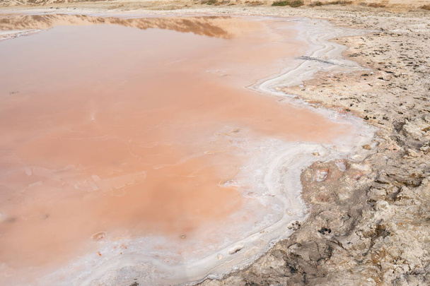 Edge of pink lake close up with white salt edges in the sand in Al Rams, Egyesült Arab Emírségek a Ras al Khaimah Emirate. - Fotó, kép