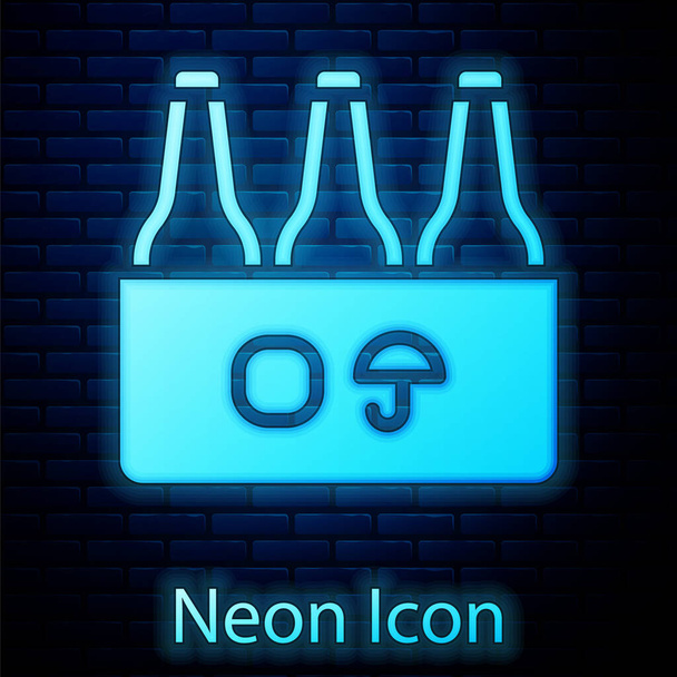 Glowing neon Pack of beer bottles icon isolated on brick wall background. Case crate beer box sign.  Vector - Vector, Image