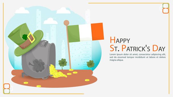 アイルランドの聖パトリックの日を祝うことをテーマに、デザインを飾るためのフラットイラストバナーは、金のコインの大きな鍋がその側にあり、緑の帽子の上に帽子とアイルランドの旗 - ベクター画像