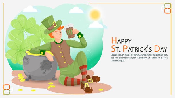 Tasainen kuva banneri koristeluun malleja, teemalla juhlii Irlannin St. Patricks päivä, kaveri istuu suuri potti kultakolikoita, pitämällä muki Ale - Vektori, kuva