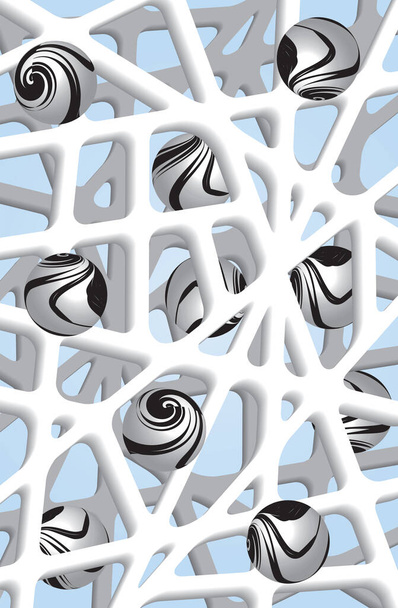 Dekorativní mřížka. Šedý vzor s vyřezávanými zaoblenými tvary. Návrh 3D vzorku. Abstraktní pozadí pro mobil - Vektor, obrázek