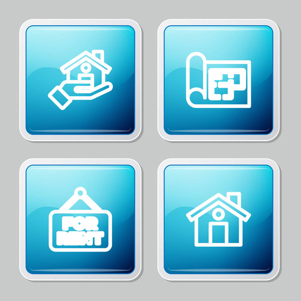 Imposta linea agente immobiliare, piano della casa, cartello appeso con For Rent e icona. Vettore - Vettoriali, immagini