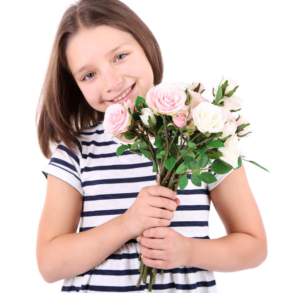 Beautiful little girl with flowers in her hand, isolated on white - Photo, Image