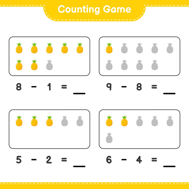 Contar el juego, contar el número de piña y escribir el resultado. Juego educativo para niños, hoja de trabajo imprimible, ilustración vectorial - Vector, Imagen