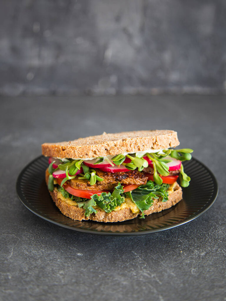 Sandwich au pain complet avec tofu frit et beaucoup de légumes frais. Aliments sains et réconfortants. Place pour tekst. - Photo, image