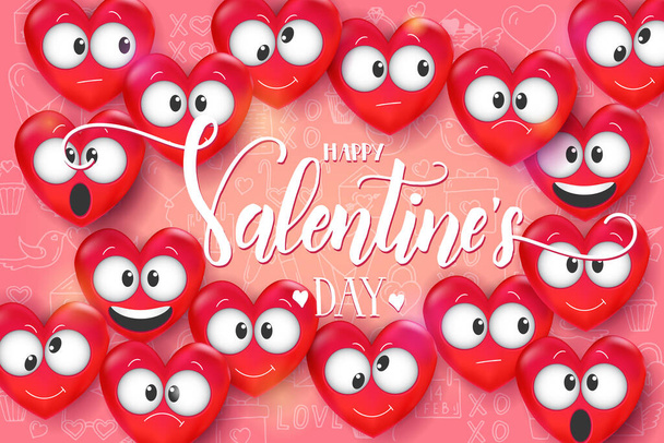 Valentines day background with 3d Love Emoji on pink pattern with hand drawn love line art symbols. Heart funny collection. Hand made Lettering - Happy Valentine's Day. Vector.  - Vector, Image