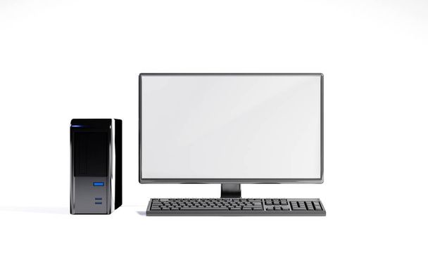 Stolní počítač s prázdnou obrazovkou jako šablonou na bílém pozadí. Digitální vykreslení. - Fotografie, Obrázek