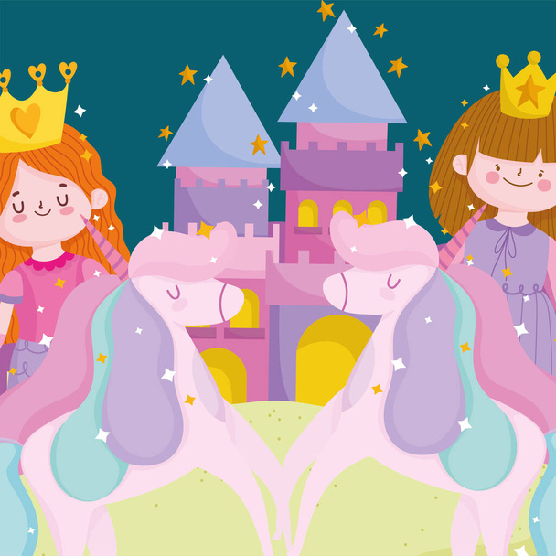 Princesas conto cartoon unicórnio castelo magia imaginação - Vetor, Imagem