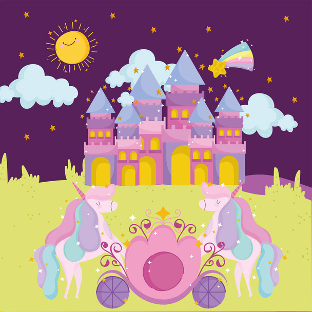 principessa racconto cartone animato carino castello unicorno stella cadente e cielo - Vettoriali, immagini