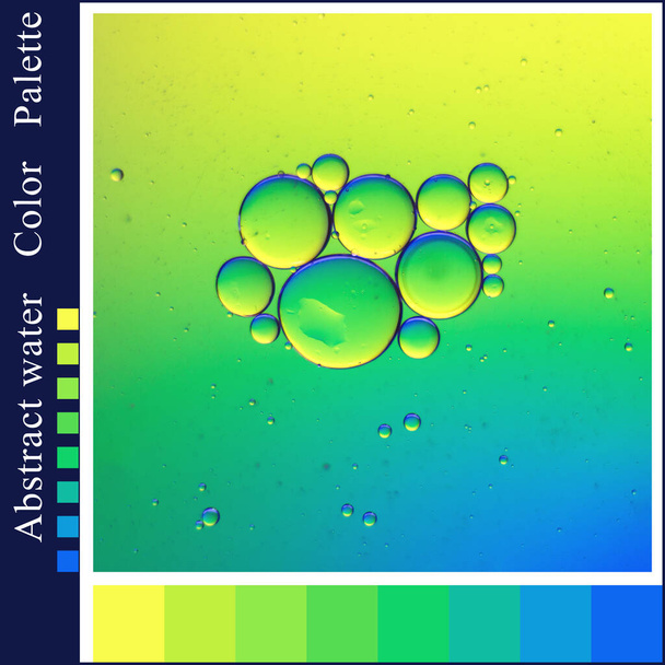 Világos kék, zöld és sárga harmonikus színpaletta makró vízfotóval. Absztrakt egyedi színrendszer az inspirációra. - Fotó, kép