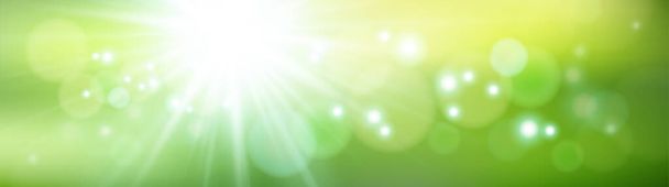 Абстрактний зелений вектор весняний або літній банер з крапками світла. Натуральний фон з сонячними променями і боке, макет для реклами органічної косметики або продуктів харчування. Епс10
 - Вектор, зображення