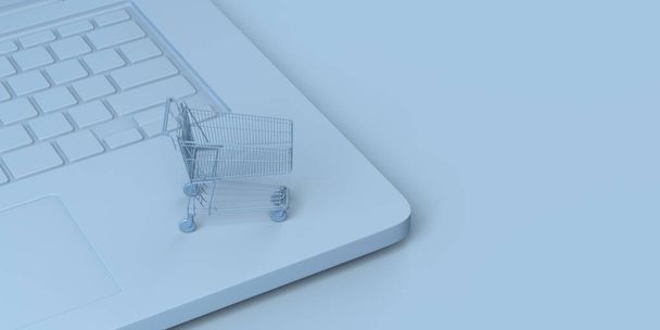 Digital commerce concept. Shopping cart on a laptop. Online shopping. 3d illustration. Banner.  - Photo, Image