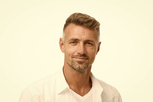 Deal with gray roots. Man attractive well groomed facial hair. Barber shop concept. Barber and hairdresser. Man mature good looking model. Silver hair shampoo. Anti ageing. Grizzle hair suits him - Fotoğraf, Görsel