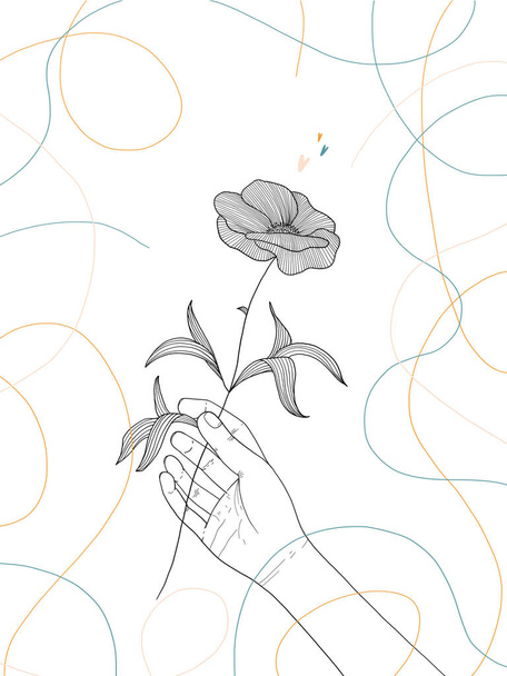 Zeichnung einer menschlichen Hand, die eine Blume hält - Foto, Bild