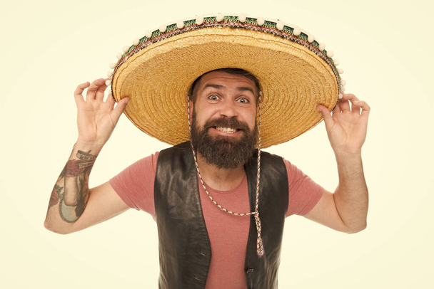 Real macho. Bearded macho wearing sombrero. Mexican macho in south american style. Spanish macho with beard and moustache in traditional mexican costume - Zdjęcie, obraz