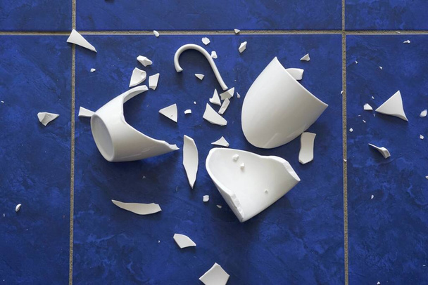 Broken cup. Shards from the cup are scattered on the floor - Photo, Image