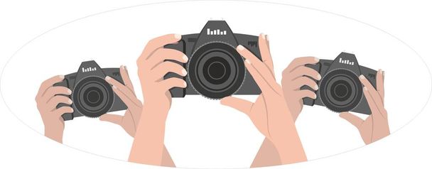 ベクトルの写真家。3人の手が黒いカメラを持っている。オペレーター、観光客、パパラッチのロゴ。楕円形の枠の白い背景に分離. - ベクター画像