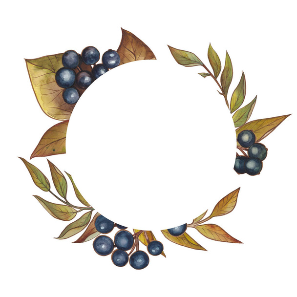 Watercolor frames for decoration. Autumn gold, orange, burgundy, brown and red leaves, autumn berries and branches - Φωτογραφία, εικόνα