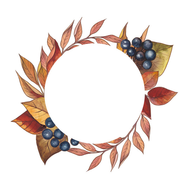 Καρέ ακουαρέλα για διακόσμηση. Φθινόπωρο χρυσό, πορτοκαλί, μπορντό, καφέ και κόκκινα φύλλα, φθινοπωρινά μούρα και κλαδιά - Φωτογραφία, εικόνα