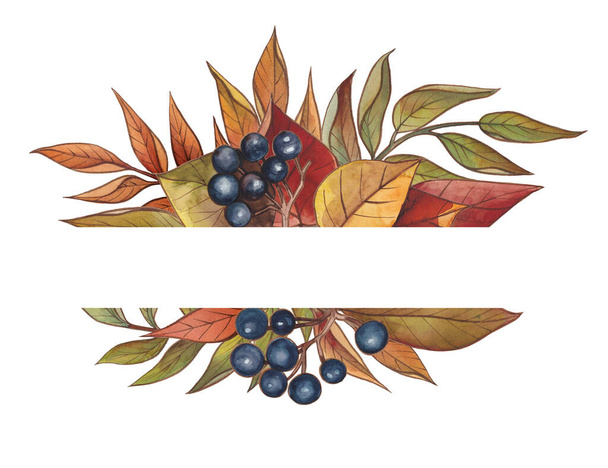 Καρέ ακουαρέλα για διακόσμηση. Φθινόπωρο χρυσό, πορτοκαλί, μπορντό, καφέ και κόκκινα φύλλα, φθινοπωρινά μούρα και κλαδιά - Φωτογραφία, εικόνα