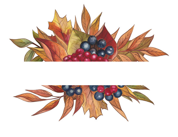 Molduras de aquarela para decoração. Outono ouro, laranja, borgonha, marrom e folhas vermelhas, bagas de outono e ramos - Foto, Imagem