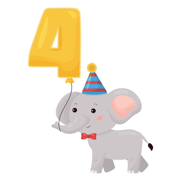 Cute cartoon elephant with number balloon. Greeting and invitation card design for four years old children. Happy Birthday vector illustration. - Vector, Image