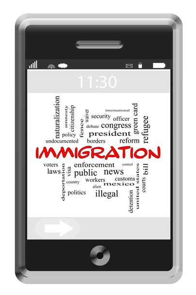 Immigration Word Cloud-Konzept auf einem Touchscreen-Handy - Foto, Bild
