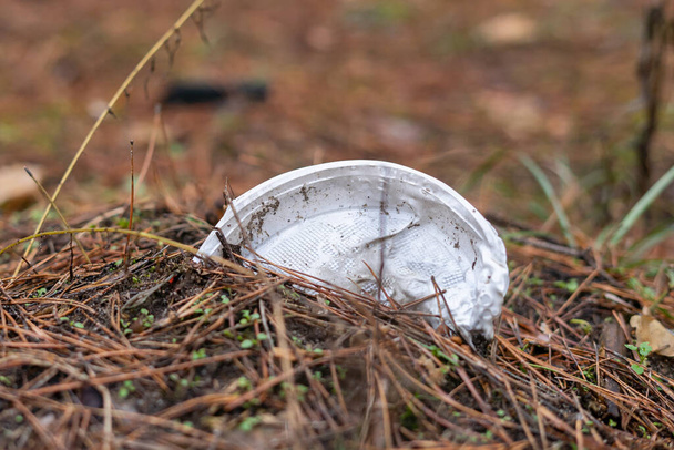 Ένα πλαστικό πιάτο μιας χρήσης θαμμένο στο έδαφος στο δάσος μολύνει το περιβάλλον - Φωτογραφία, εικόνα