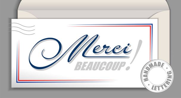 Käsin kirjoitettu ranskan kielen kirjoitus Mercie Beaucoup - Kiitos paljon. Ranska vektori kalligrafia lause Kiitos niin paljon eristetty valkoinen kirjekuori kortti - Vektori, kuva