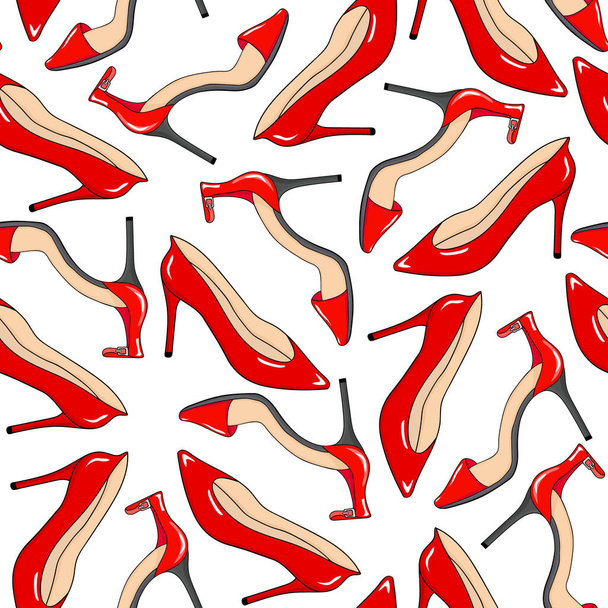 Seamless pattern of red female shoes. Fashion woman background. Hand drawing. Vector illustration. - Wektor, obraz