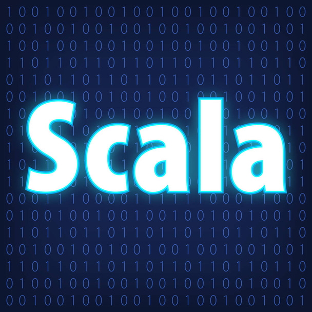 Maschinencodesprachen im Neon-Stil. Programmiersprachen-Konzept in blau. Sprache Scala auf Binärcode-Hintergrund für Ihr Design. Externes Glühen. EPS10. - Vektor, Bild