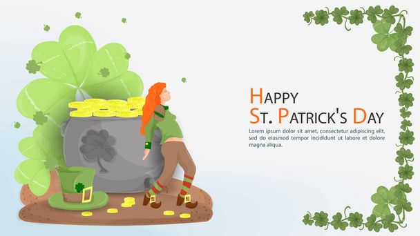 Tasainen kuva banneri koristeluun malleja, teemalla juhlii Irlannin St. Patricks päivä, tyttö menninkäinen kääpiö puku sulkee polkka piste kultakolikoita, taustaa vasten apila - Vektori, kuva