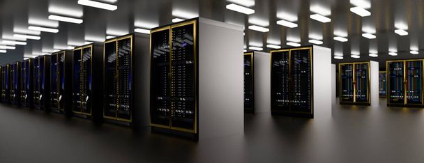 Centro de datos de la sala de servidores. Copia de seguridad, minería, alojamiento, mainframe, granja y rack de computadoras con información de almacenamiento. 3d renderizar - Foto, imagen