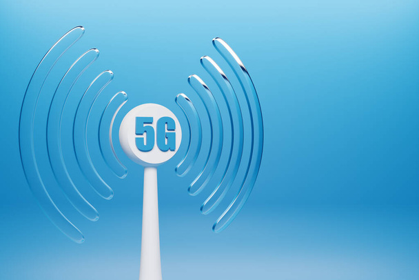  3D ilustracja działającego połączenia komórkowego WI-fi, 5G na niebieskim tle. ikona telefonu komórkowego lub inteligentnego urządzenia. 5G Ilustracja dla biznesu i technologii, prędkość, sygnał, sieć, duże zbiory danych, ruch - Zdjęcie, obraz