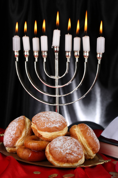 Festive composition for Hanukkah on cloth close-up - Photo, Image