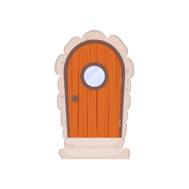 Antique wooden door with a round window. Stone cladding and steps. Wood texture. Cartoon style. Isolated, vector illustration. - Vector, Image