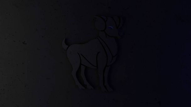 Ilustración 3D del signo del zodíaco aries sobre fondo oscuro. Horóscopo. Tarot. - Foto, imagen