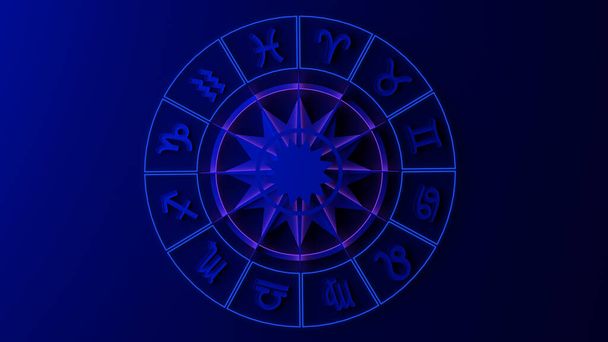 İşaretli Zodiac tekerleği. Üç boyutlu illüstrasyon. Astroloji burcu - Fotoğraf, Görsel