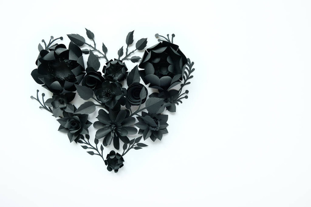 Black paper flowers, floral background, bridal bouquet, wedding, quilling, Valentine's day greeting card, heart shape on white background. Gothic - Фото, изображение