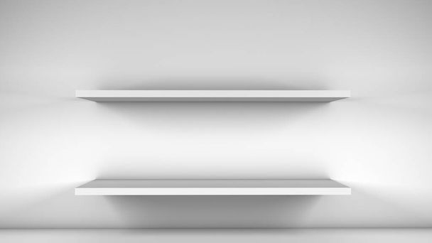 Vertical shelves on white wall to show products. Neutral. 3D render. Minimalist. - Foto, immagini