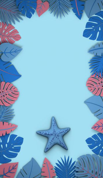 Tropical plant frame with starfish in pastel pink and blue colors. Summer concept. 3D illustration. Background. - Photo, Image