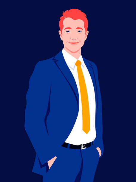 A redhead man holds his hands in his pants pockets. A happy businessman. A young politician smiles. Vector flat illustration - Vector, Image