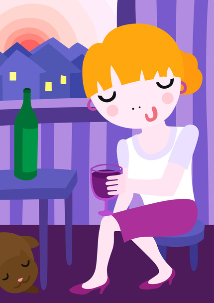 Chica joven con una copa de vino
 - Vector, imagen