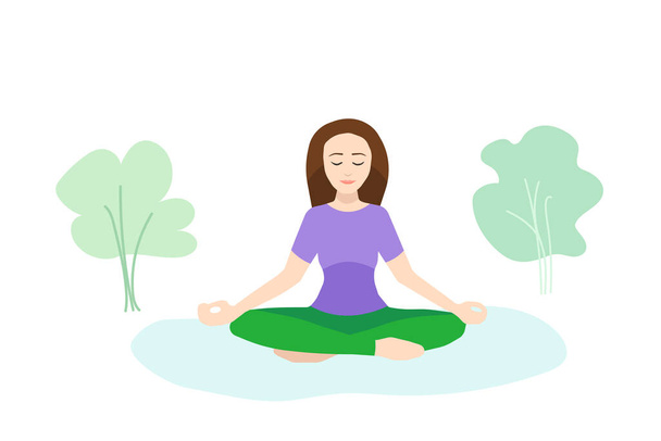 Cute beautiful cartoon girl in yoga lotus pose, meditating and relaxing.  Yoga practice in the park. Vector illustration. Stock Vector